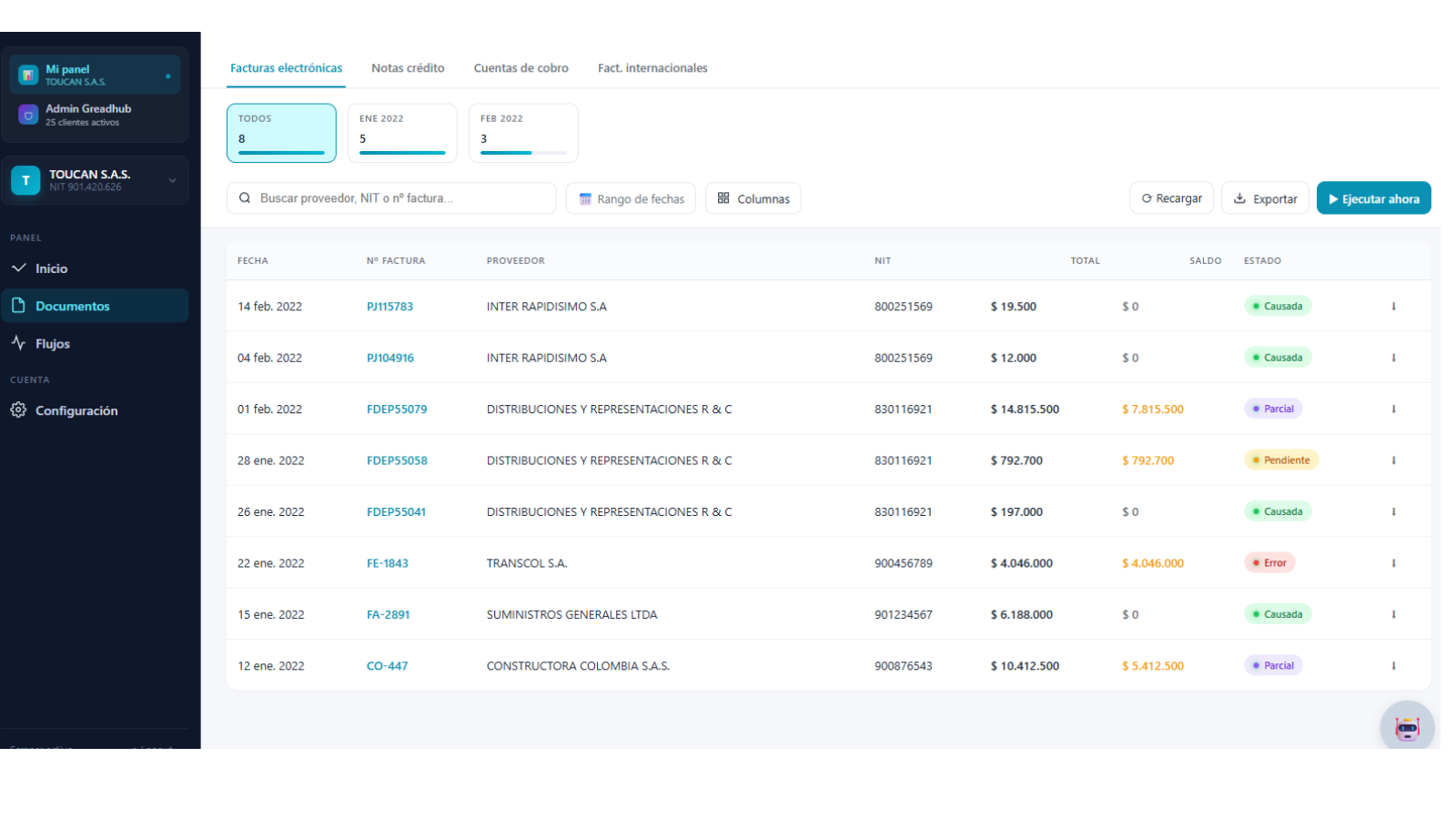 Panel de NextContable: facturas de la DIAN descargadas y causadas automáticamente